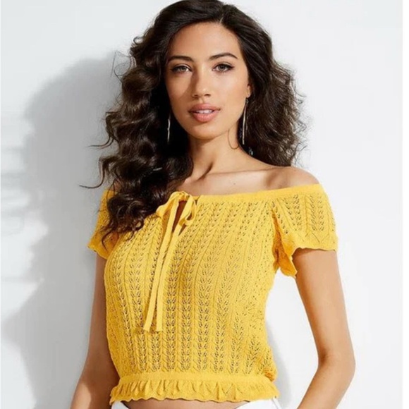 Guess Yellow Off-Shoulder Light-weight Knit Sweater sz. L - Picture 1 of 7